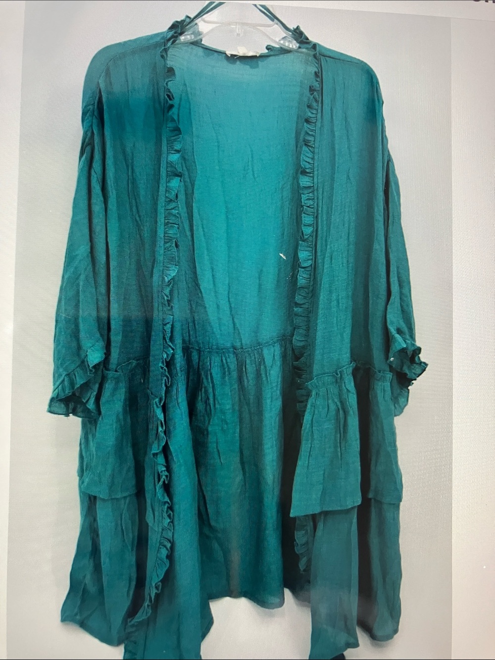 Easel Teal Ruffled Open Front kimono